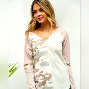 Pink Camo Long Sleeve V Neck Top